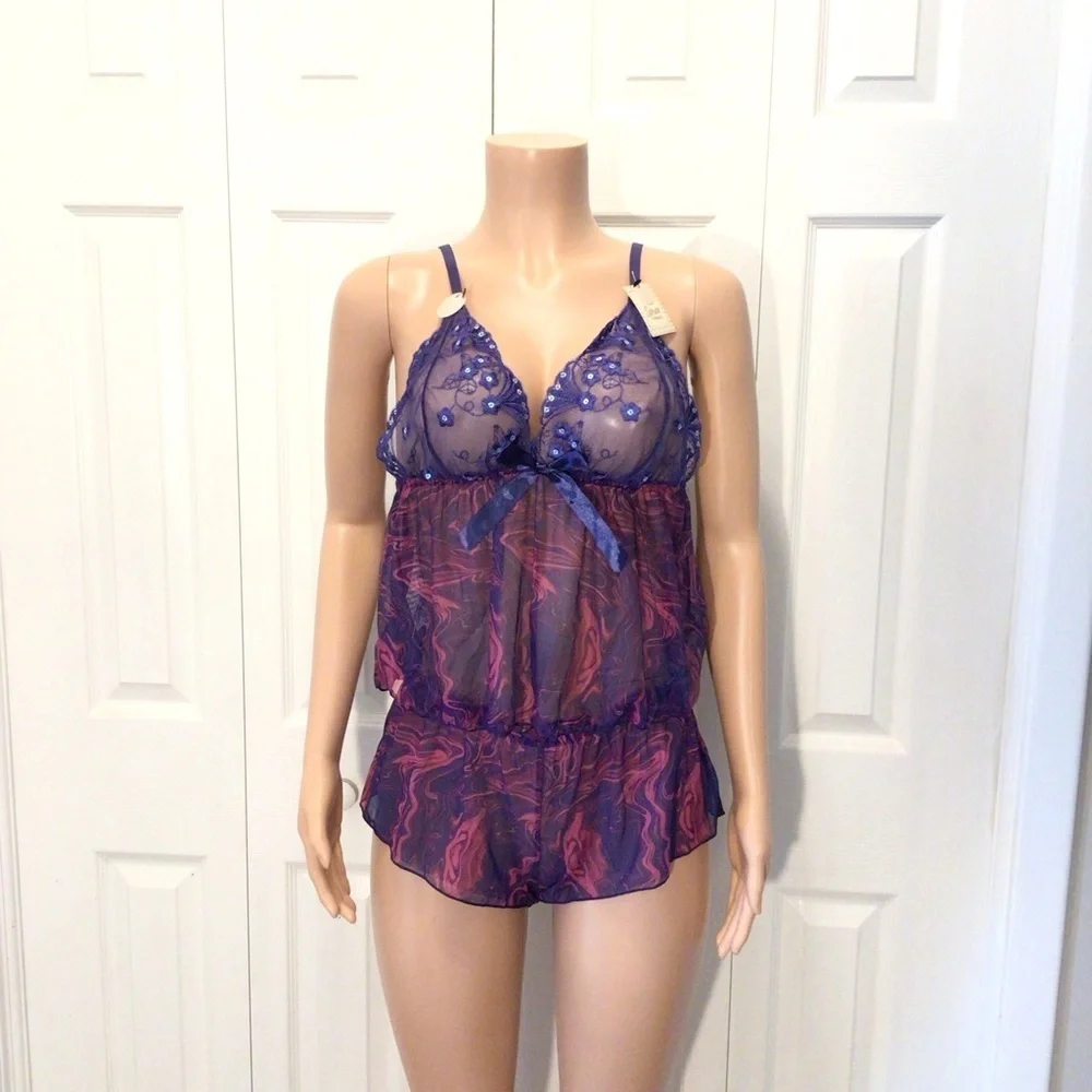Spree Intimates 2pc Navy Swirl Mesh Camisole Babydoll Nightie Set Size L or XL